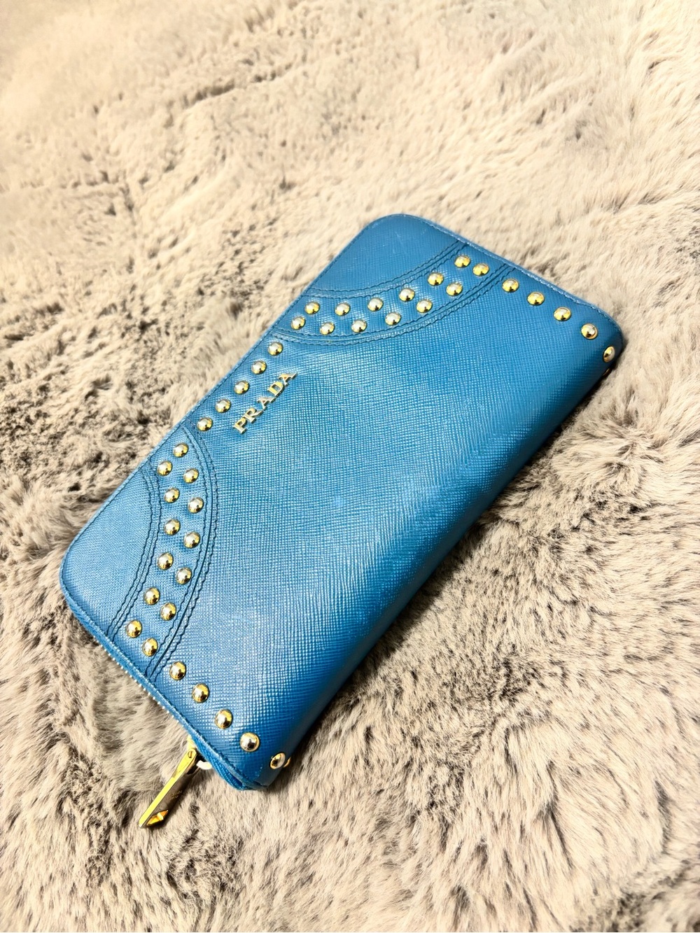 Prada Turquoise Saffiano Leather Zip-Around Wallet with Gold Studs